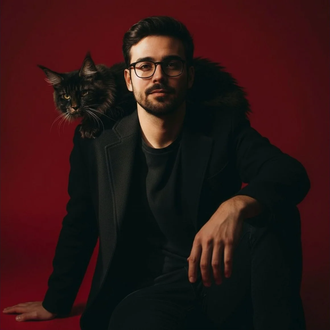 Crimson Editorial Portrait with Maine Coon