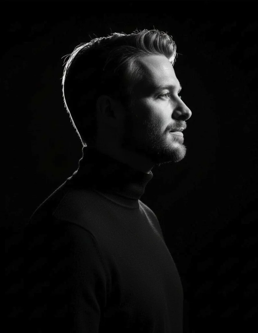 Black-and-White Rim-Lit Side Profile